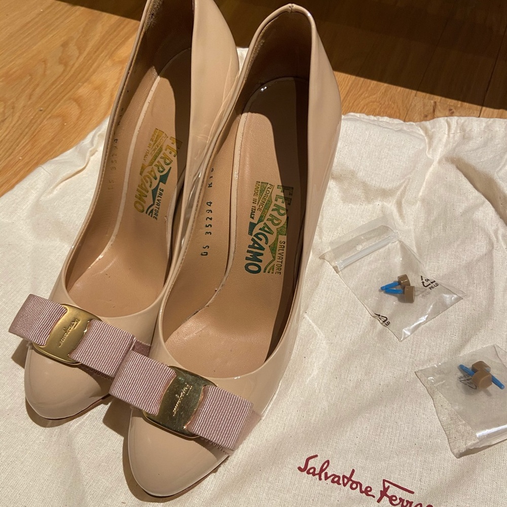 Salvatore Ferragamo patent high heels in nude